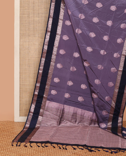 Elephant grey zari buttas semi-soft silk saree, contrast rettai Pettu border of floral vine design & intricate zari weave pallu