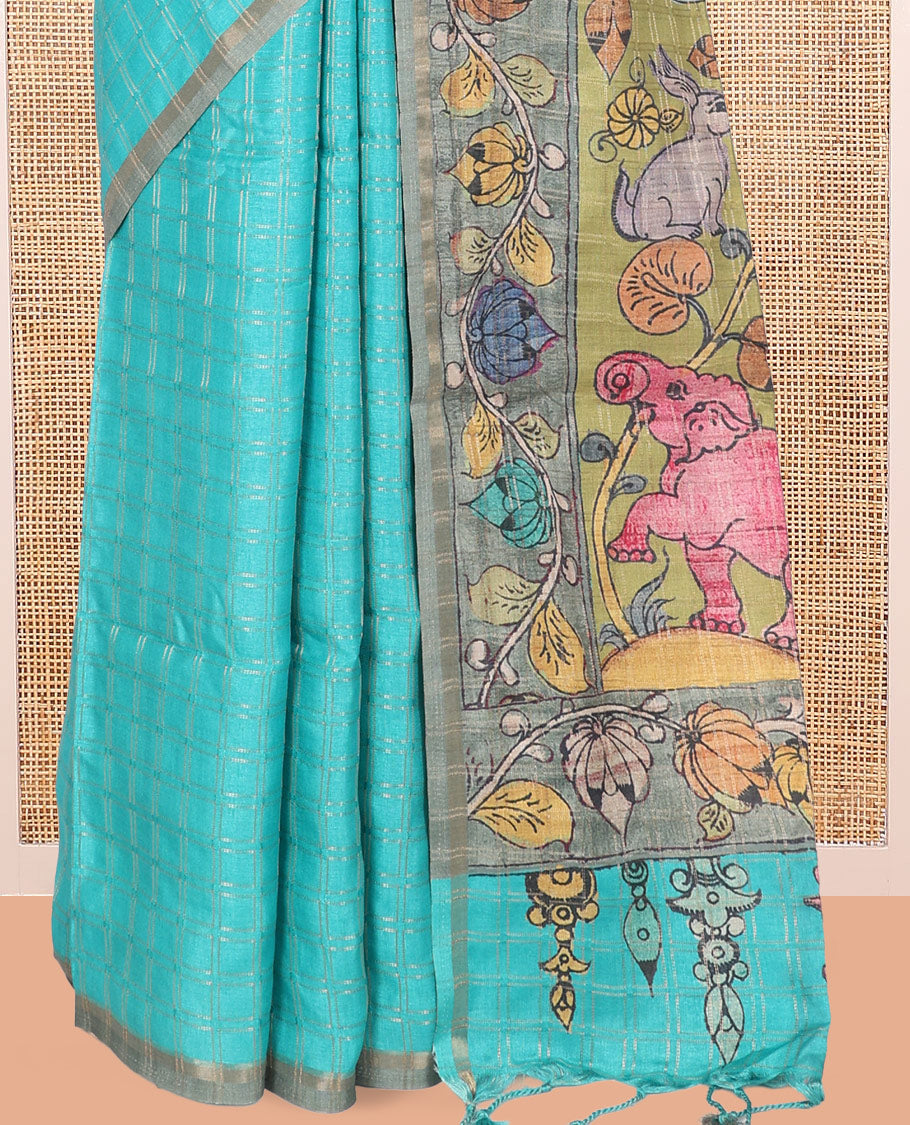 Blue Fancy Tussar Silk Saree, Accentuated with Checked Design, Contrast Zari Piping Border, Kalamkari Pallu, and Contrast Kalamkari Printed Blouse