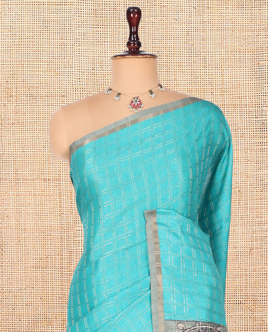 Blue Fancy Tussar Silk Saree, Accentuated with Checked Design, Contrast Zari Piping Border, Kalamkari Pallu, and Contrast Kalamkari Printed Blouse