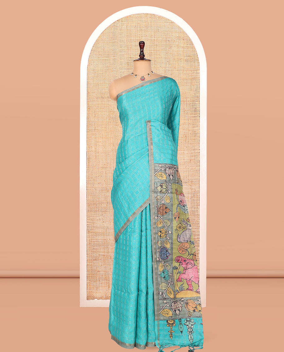 Blue Fancy Tussar Silk Saree, Accentuated with Checked Design, Contrast Zari Piping Border, Kalamkari Pallu, and Contrast Kalamkari Printed Blouse