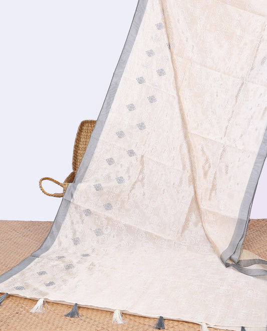 Cream floral thread embroidery semi-banaras tussar saree with contrast plain border & floral embroidered pallu