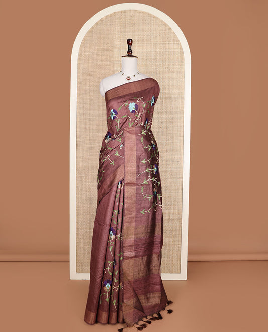 Brown floral vine multi-color thread embroidered tussar silk saree, bavanji border, and striped pallu