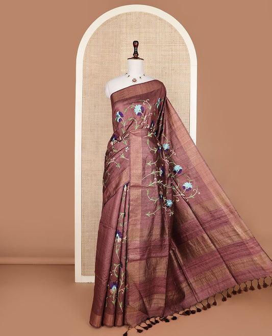 Brown floral vine multi-color thread embroidered tussar silk saree, bavanji border, and striped pallu