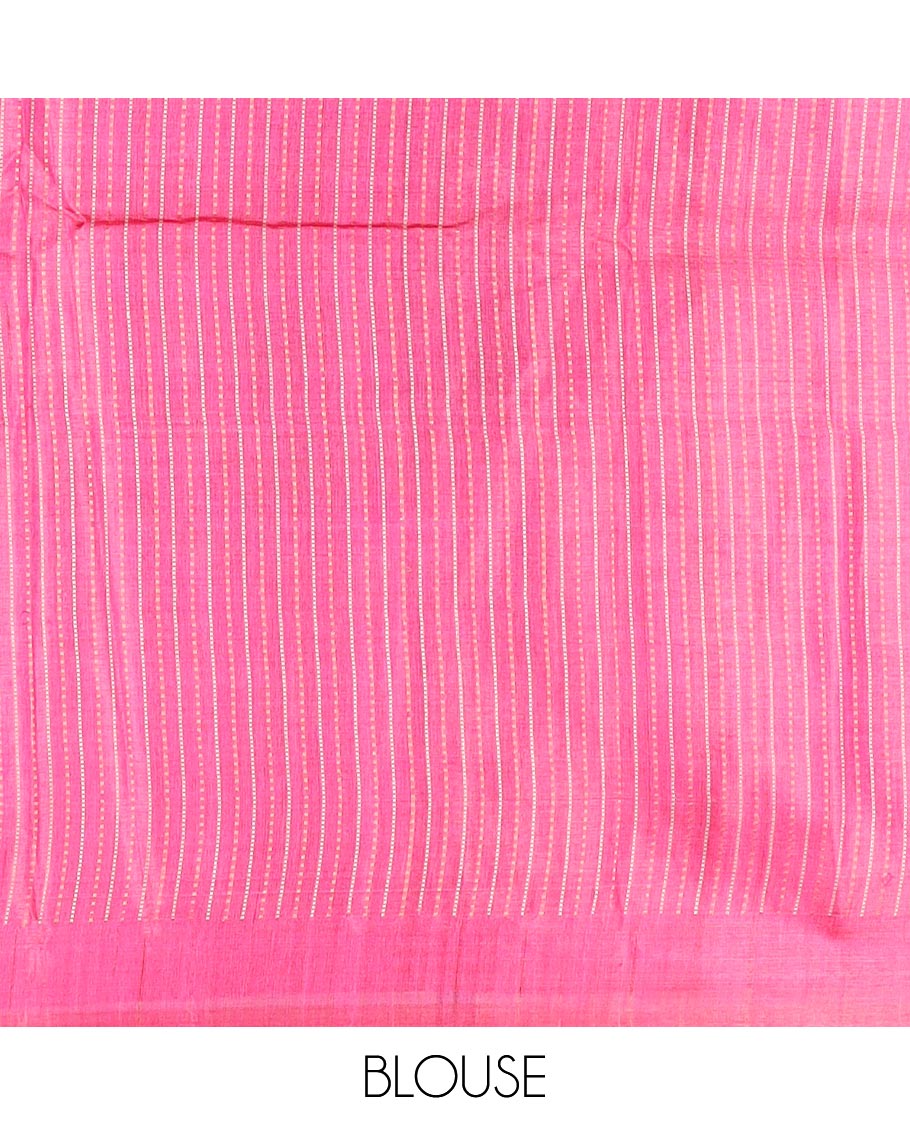 Dark pink striped tussar silk saree, plain border and zari checked pallu
