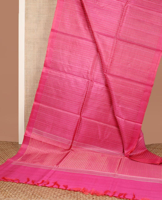 Dark pink striped tussar silk saree, plain border and zari checked pallu
