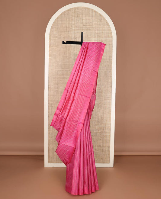 Dark pink striped tussar silk saree, plain border and zari checked pallu