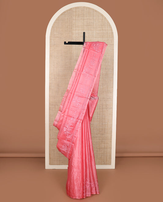 Pink floral motifs thread embroidered tussar saree, floral embroidered border