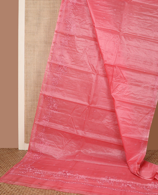 Pink floral motifs thread embroidered tussar saree, floral embroidered border