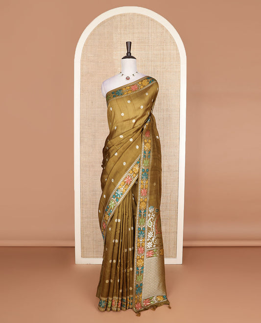 Mustard rudraksham motifs Matka silk saree, floral meenakari border, and pallu of paisleys and jaal designs
