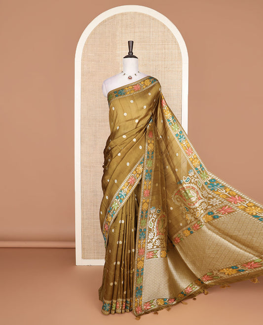 Mustard rudraksham motifs Matka silk saree, floral meenakari border, and pallu of paisleys and jaal designs