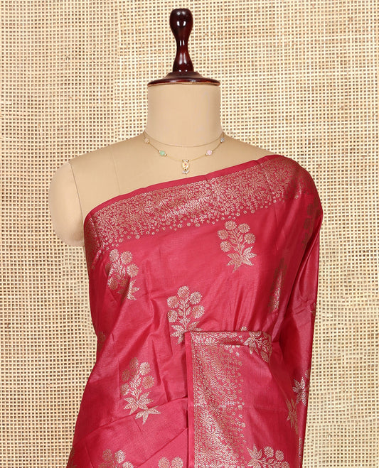 Red Tusser Silk Saree, Richly Detailed with Zari Buttas, a Zari Border, Grand Pallu, and a Matching Blouse