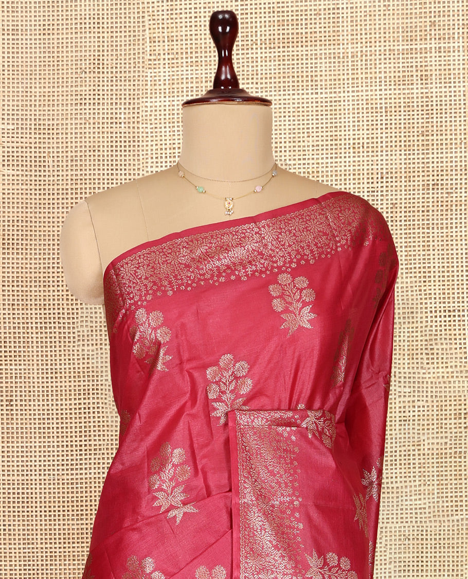 Red Tusser Silk Saree, Richly Detailed with Zari Buttas, a Zari Border, Grand Pallu, and a Matching Blouse
