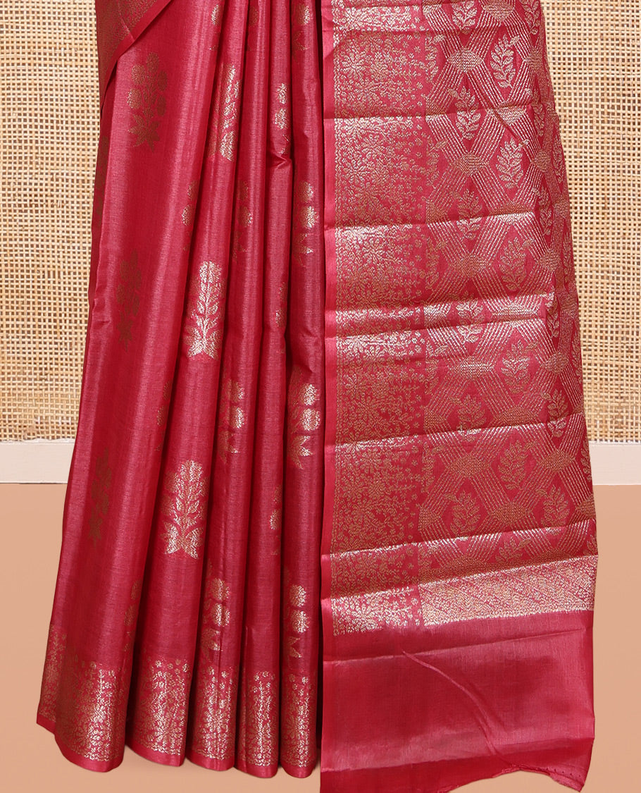 Red Tusser Silk Saree, Richly Detailed with Zari Buttas, a Zari Border, Grand Pallu, and a Matching Blouse