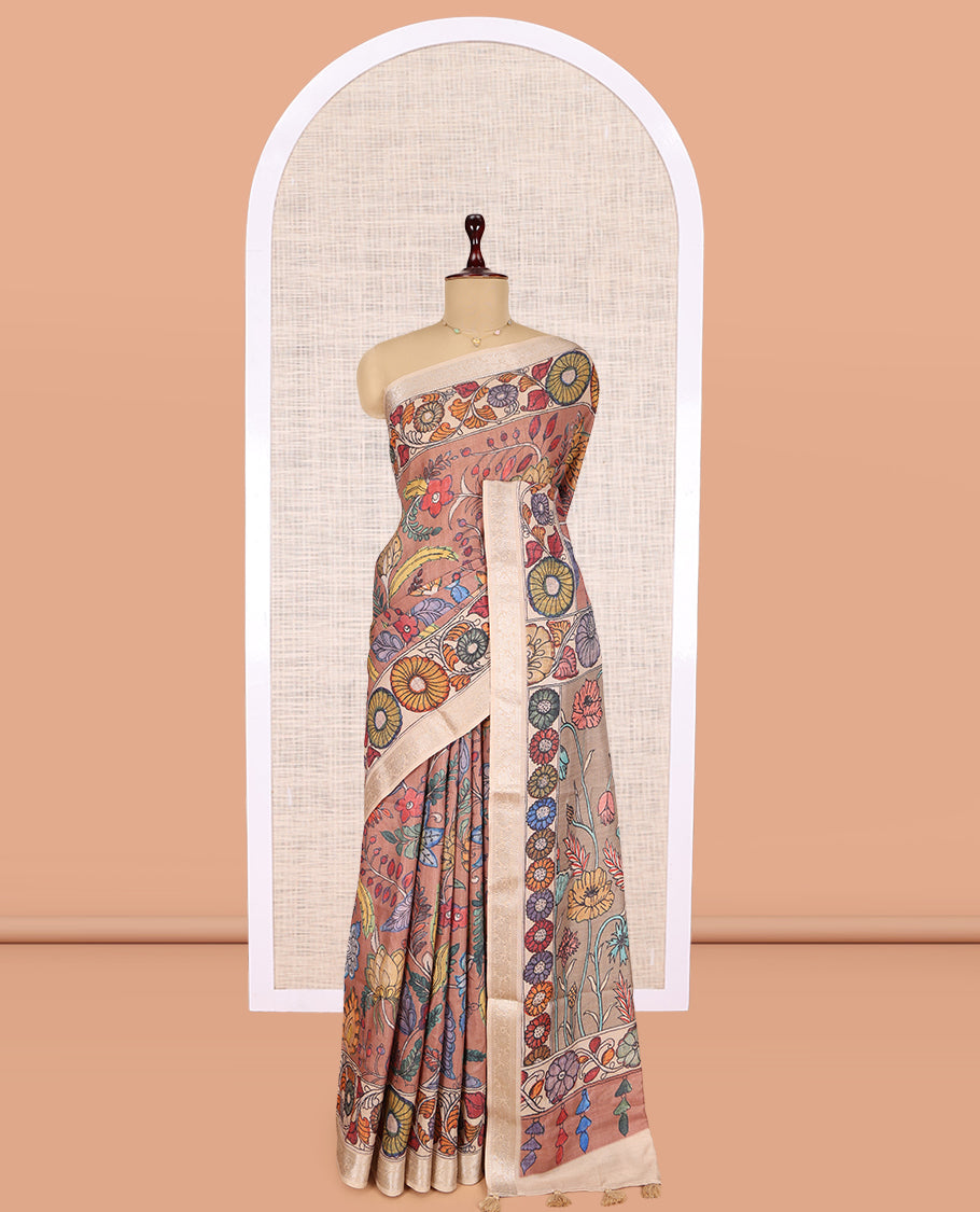 Brown Kalamkari Printed Fancy Tussar Saree