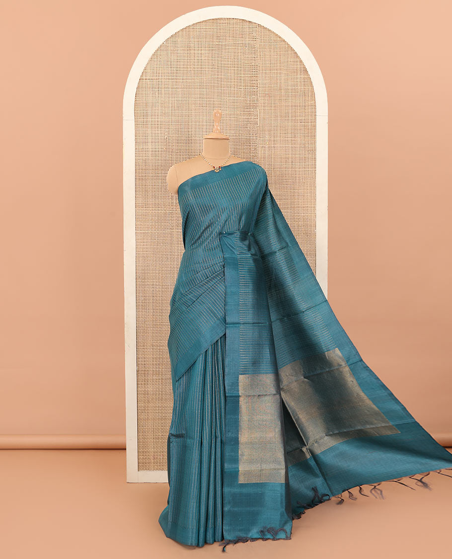 Blue tiny boxed motif stripes tussar silk saree, self-border, and gleaming zari pallu