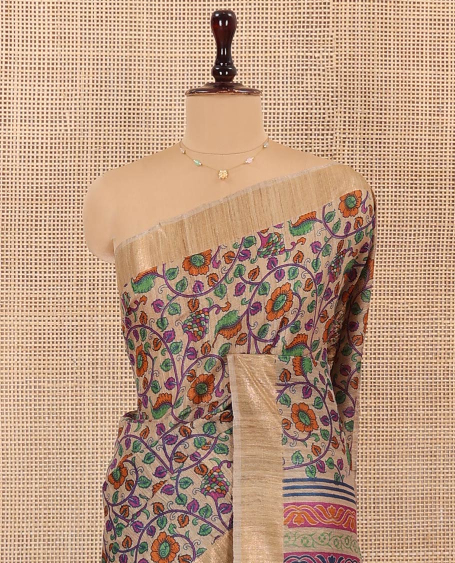 Sandal Tussar Silk Saree Bedecked with Floral Vine Printed All Over Its Body, Pallu Adorned with Geometric Print, and Paired with a Contrast Blouse