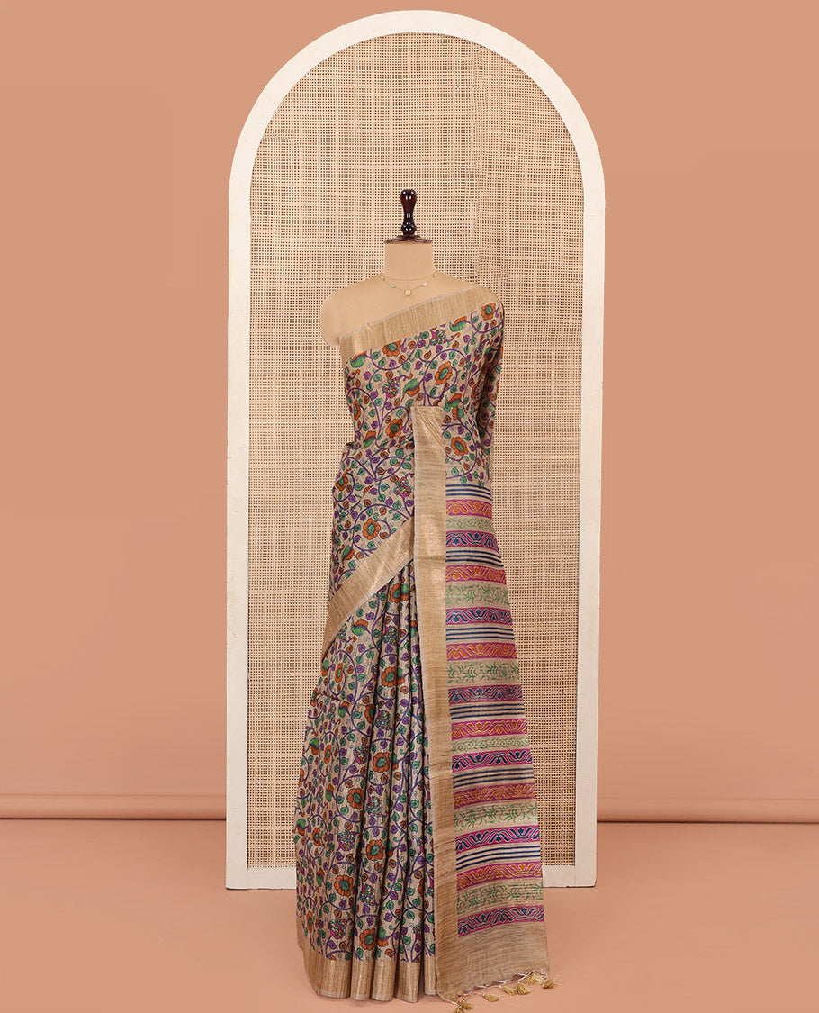 Sandal Tussar Silk Saree Bedecked with Floral Vine Printed All Over Its Body, Pallu Adorned with Geometric Print, and Paired with a Contrast Blouse