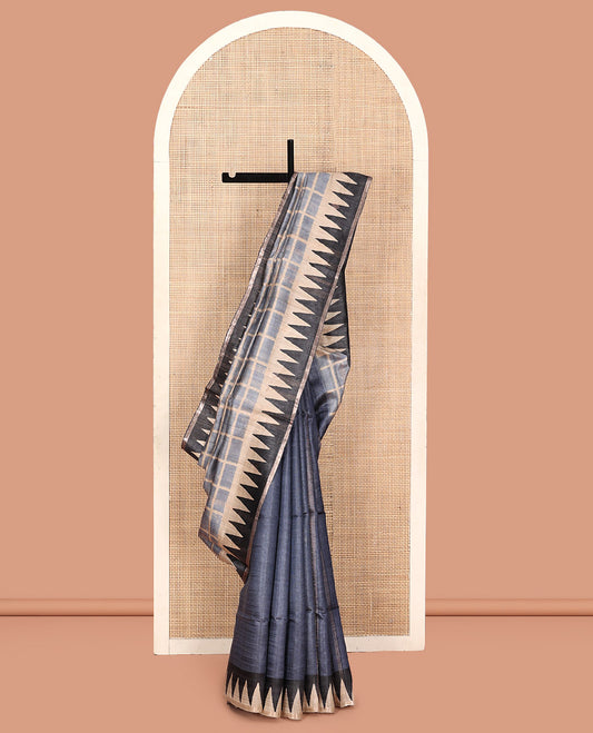Grey Tussar Silk Saree, Meticulously Crafted with Half-And-Half-Style Checked Design on Its Body, a Contrast Temple Border, Temple Design Pallu, and Paired with a Contrast Blouse