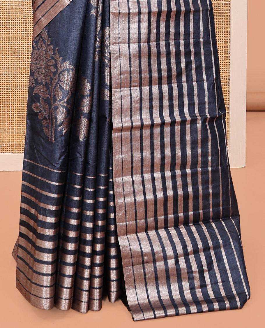 Borderless Dark Grey Tussar Silk Saree, Richly Detailed with Zari Stripes and Floral Buttas, Striped Pallu, and a Matching Blouse
