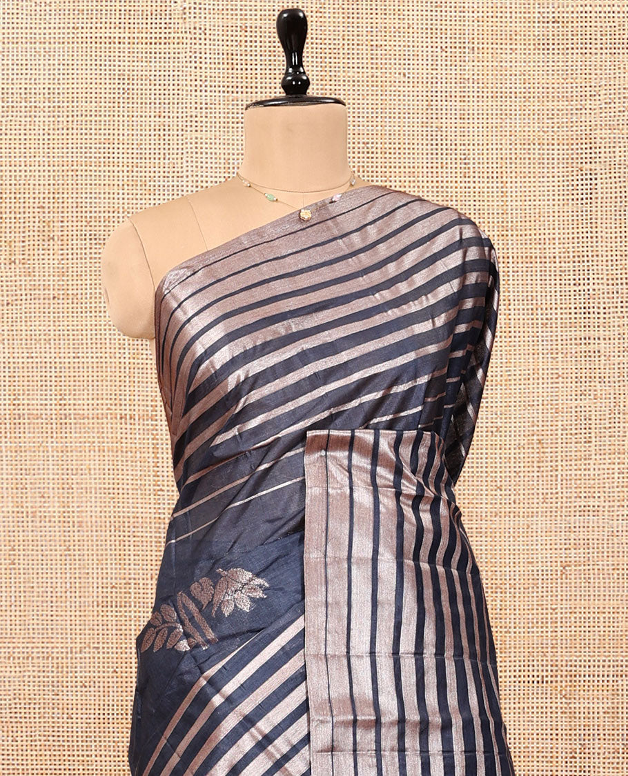 Borderless Dark Grey Tussar Silk Saree, Richly Detailed with Zari Stripes and Floral Buttas, Striped Pallu, and a Matching Blouse