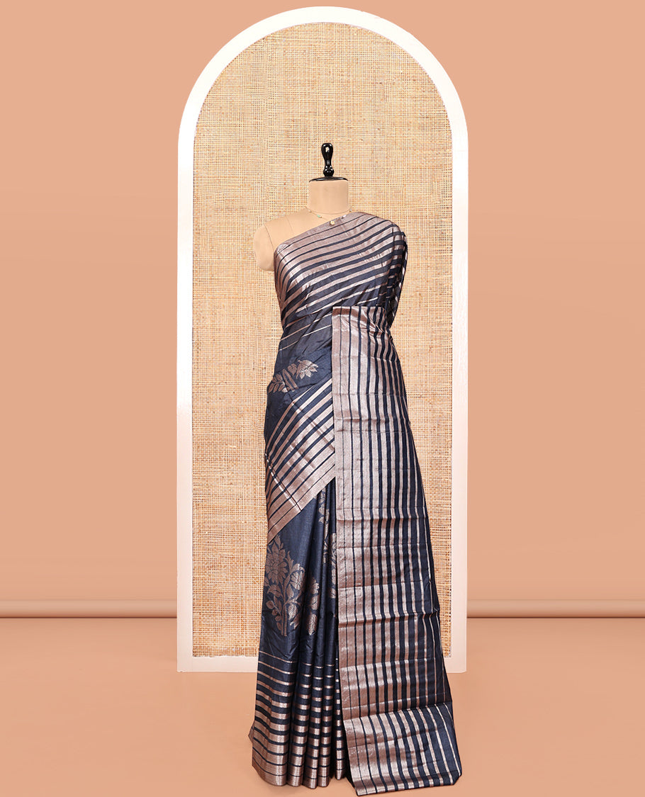 Borderless Dark Grey Tussar Silk Saree, Richly Detailed with Zari Stripes and Floral Buttas, Striped Pallu, and a Matching Blouse