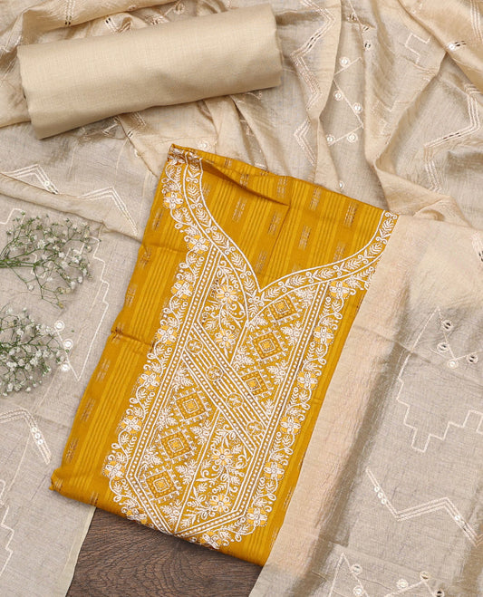 Yellow material chudidar set, buttas with neck embroidered top, contrast plain bottom, and thread and sequins embroidered dupatta