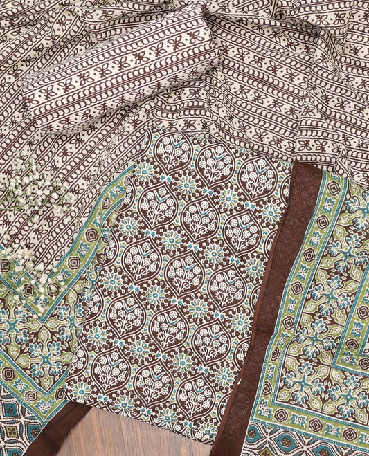 Brown chudidhar material set , ogee design top with intricate design bottom & floral design dupatta
