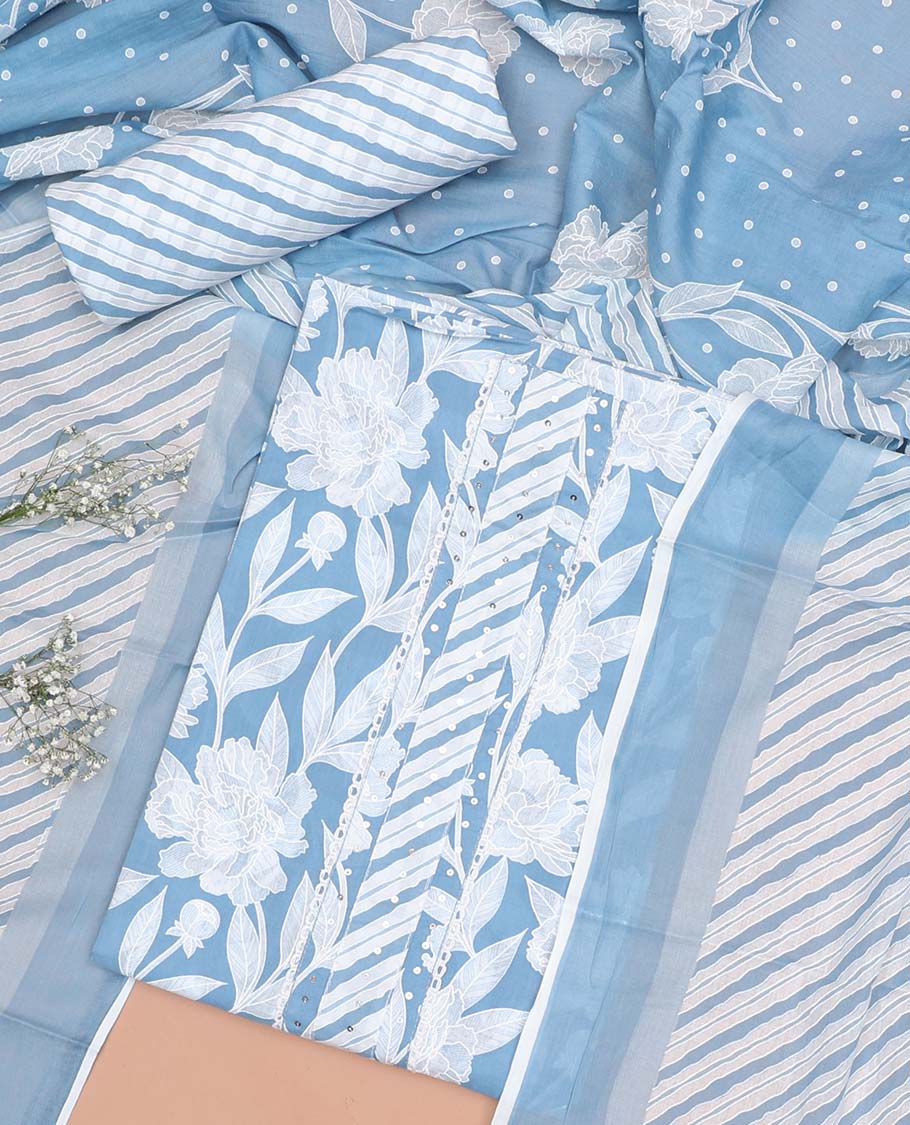 lavender chudidhar material set floral print with sequins work, striped bottom & floral, striped printed dupattta
