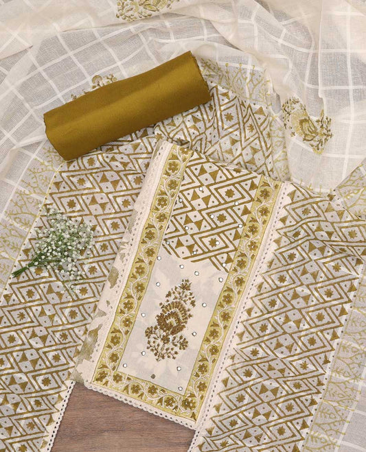 White chudidhar material set floral, geometric printed with mirror work top, mustard plain bottom & geometric design dupatta