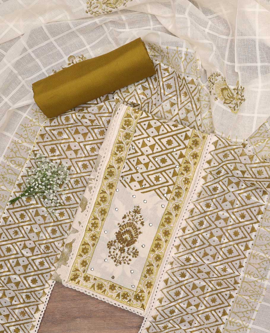 White chudidhar material set floral, geometric printed with mirror work top, mustard plain bottom & geometric design dupatta