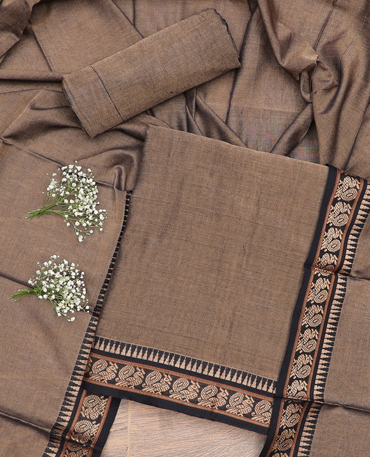Brown peacock, temple design chudidhar material top with plain bottom & plain, zari design border dupatta