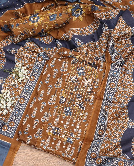 Brown Material Chudidar Set, Embellished with Floral Block Print and Neck Work Cotton Top, a Floral Printed Cotton Bottom, and Paired with Floral Printed Dupatta
