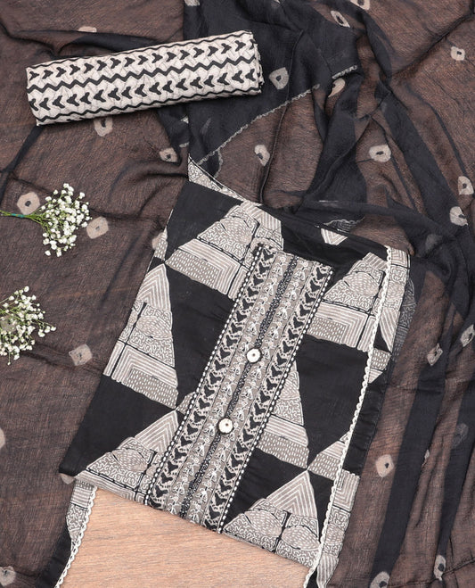 Black Cotton Material Churidar Set, Detailed with Geometric Printed Top, Geometric Printed Bottom, and Shibori Dupatta