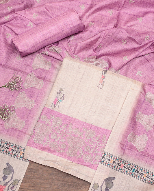 Chikku-Pink Semi-Tussar Material Churidar Set, Decked up with Human-Animal Motif Top, a Contrast Bottom, and Leaf-Elephant Motif Dupatta