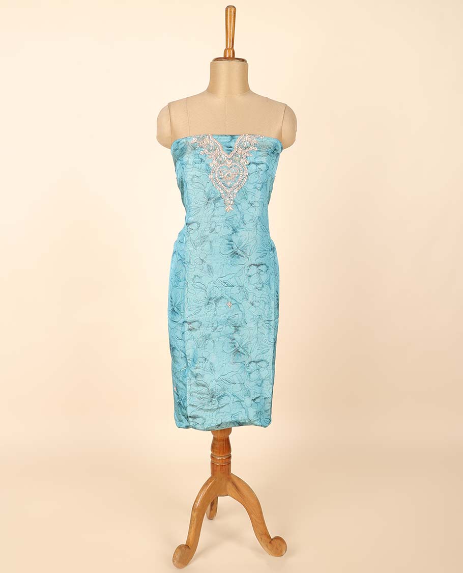 Blue material chudidhar set, floral print & embroidered top, plain bottom & embroidered dupatta