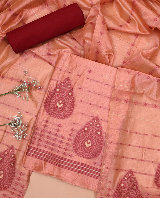 Red chudidhar material set, floral motifs top, plain bottom & striped, floral motifs dupatta