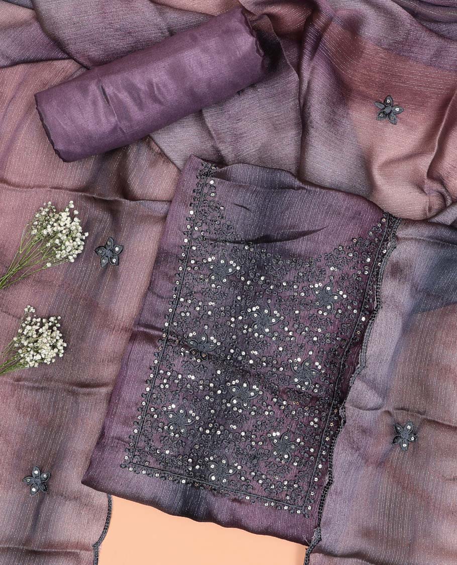 Violet chudidhar material set floral thread embroidered top, with plain bottom & floral motifs thread embroidered dupatta