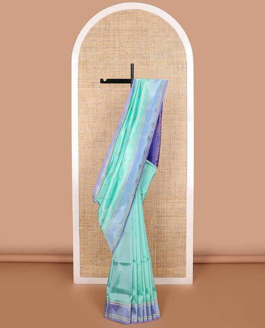 Sea green floral design uppada saree with contrast zari border & floral jaal design pallu