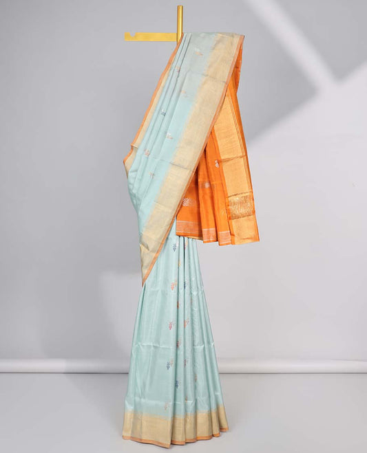 Light blue motifs uppada silk saree with contrast zari border & striped,floral design pallu
