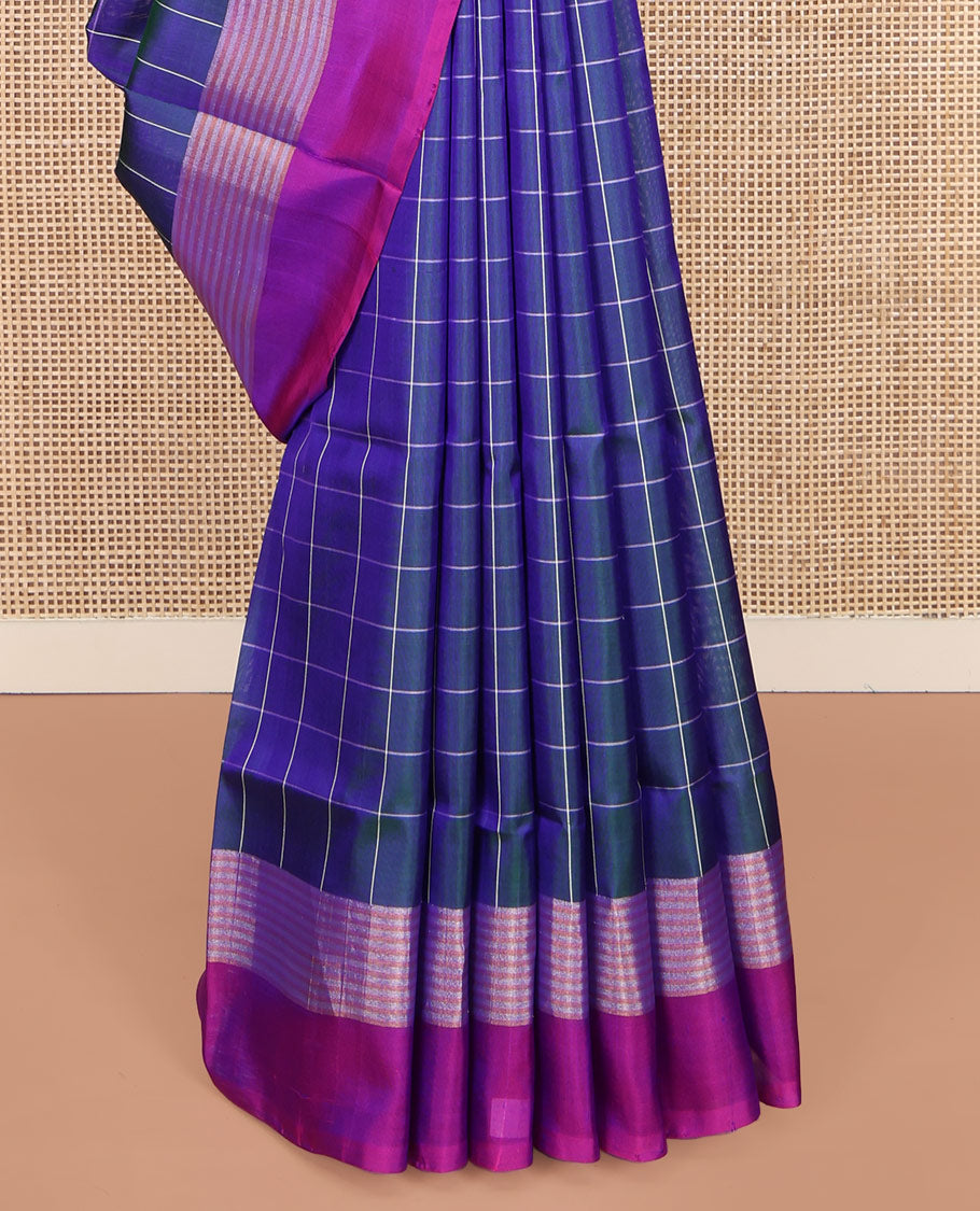 Blue Uppada Silk Saree, Beautified with Checked Designs All Over Its Body, Complemented by a Contrast Border of Stripes, Plain Pallu, and Paired with a Contrast Blouse