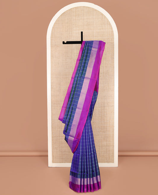 Blue Uppada Silk Saree, Beautified with Checked Designs All Over Its Body, Complemented by a Contrast Border of Stripes, Plain Pallu, and Paired with a Contrast Blouse
