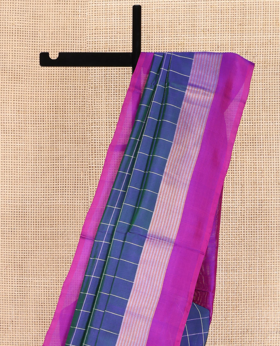 Blue Uppada Silk Saree, Beautified with Checked Designs All Over Its Body, Complemented by a Contrast Border of Stripes, Plain Pallu, and Paired with a Contrast Blouse