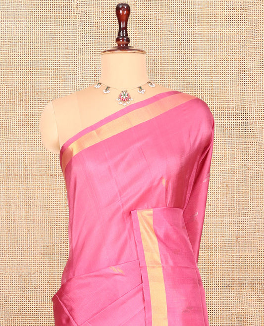 Pink Uppada Silk Saree, Accentuated with Buttas, Highlighted by a Zari Border, Zari-Buttas Woven Pallu, and a Matching Blouse