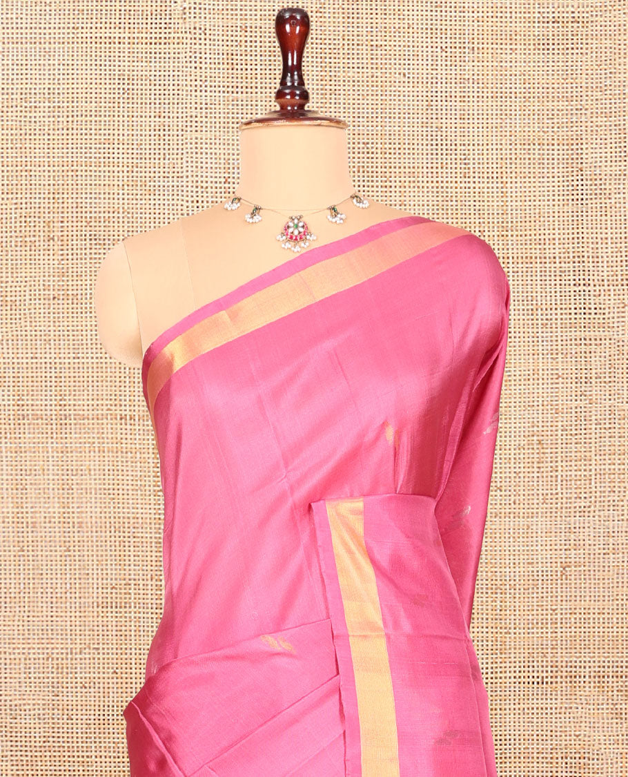 Pink Uppada Silk Saree, Accentuated with Buttas, Highlighted by a Zari Border, Zari-Buttas Woven Pallu, and a Matching Blouse