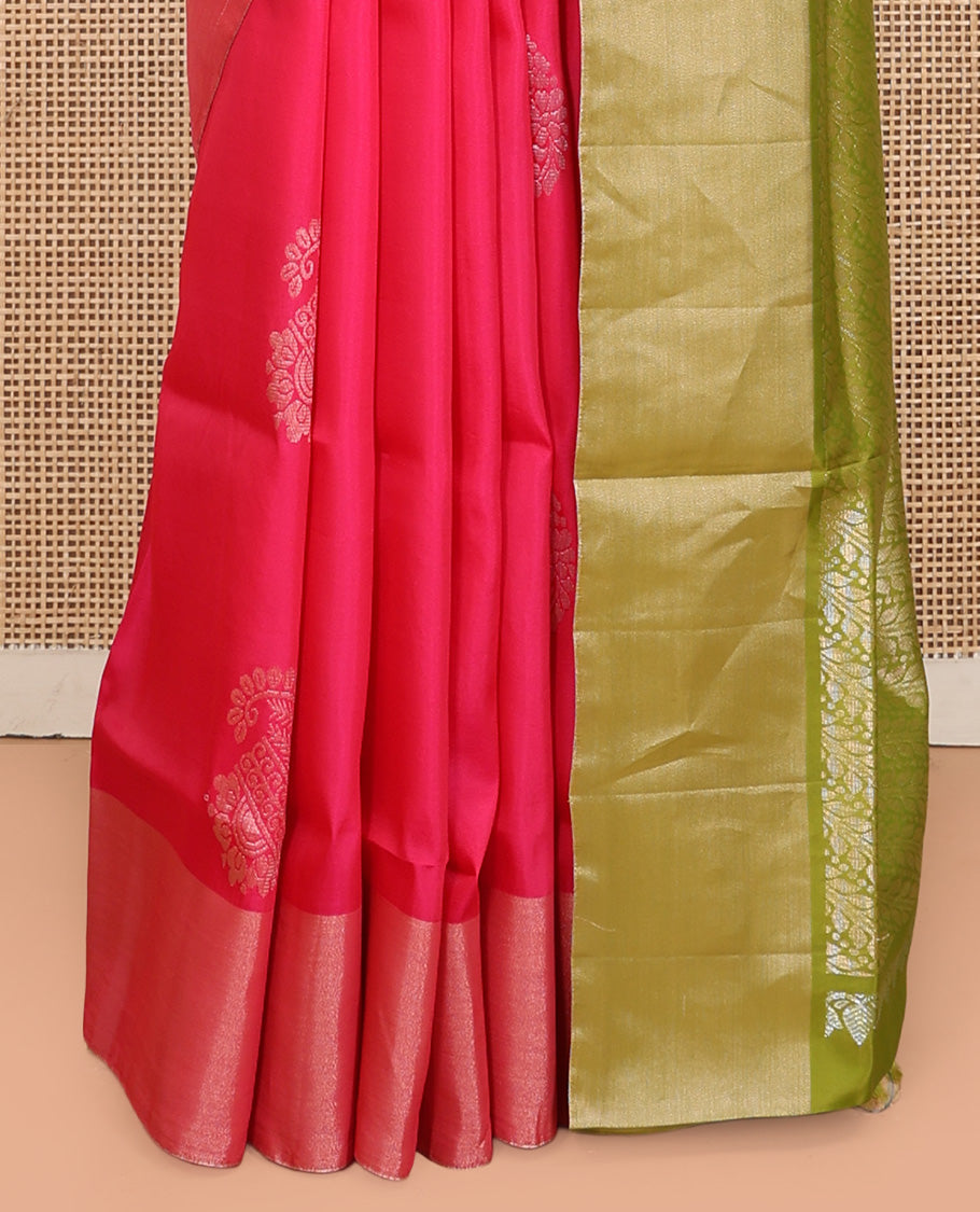Pink Uppada Saree, Accentuated with Floral Buttas, a Bavanji Border, Contrast Intricate Pallu, and a Contrast Blouse