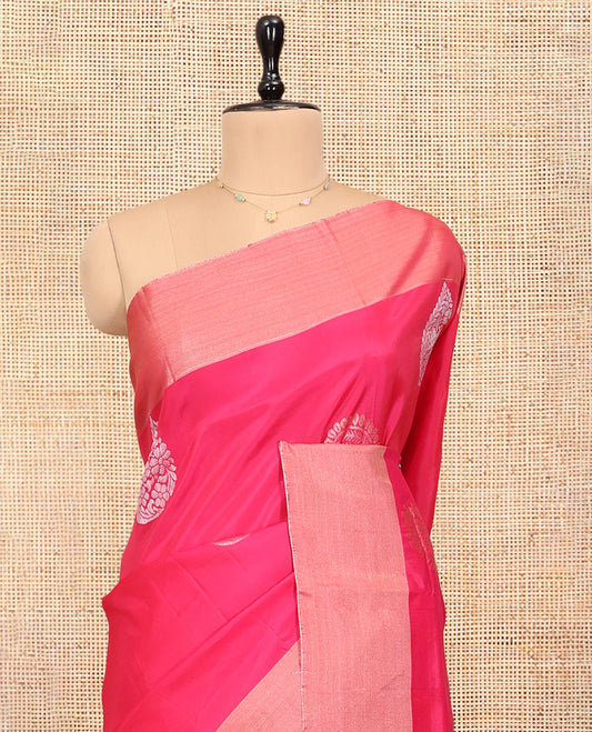 Pink Uppada Saree, Accentuated with Floral Buttas, a Bavanji Border, Contrast Intricate Pallu, and a Contrast Blouse