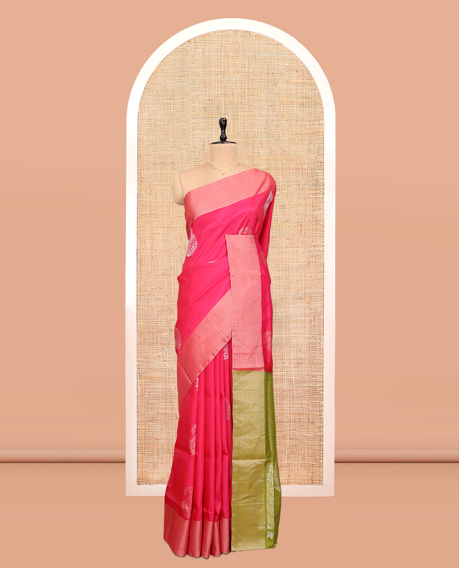 Pink Uppada Saree, Accentuated with Floral Buttas, a Bavanji Border, Contrast Intricate Pallu, and a Contrast Blouse
