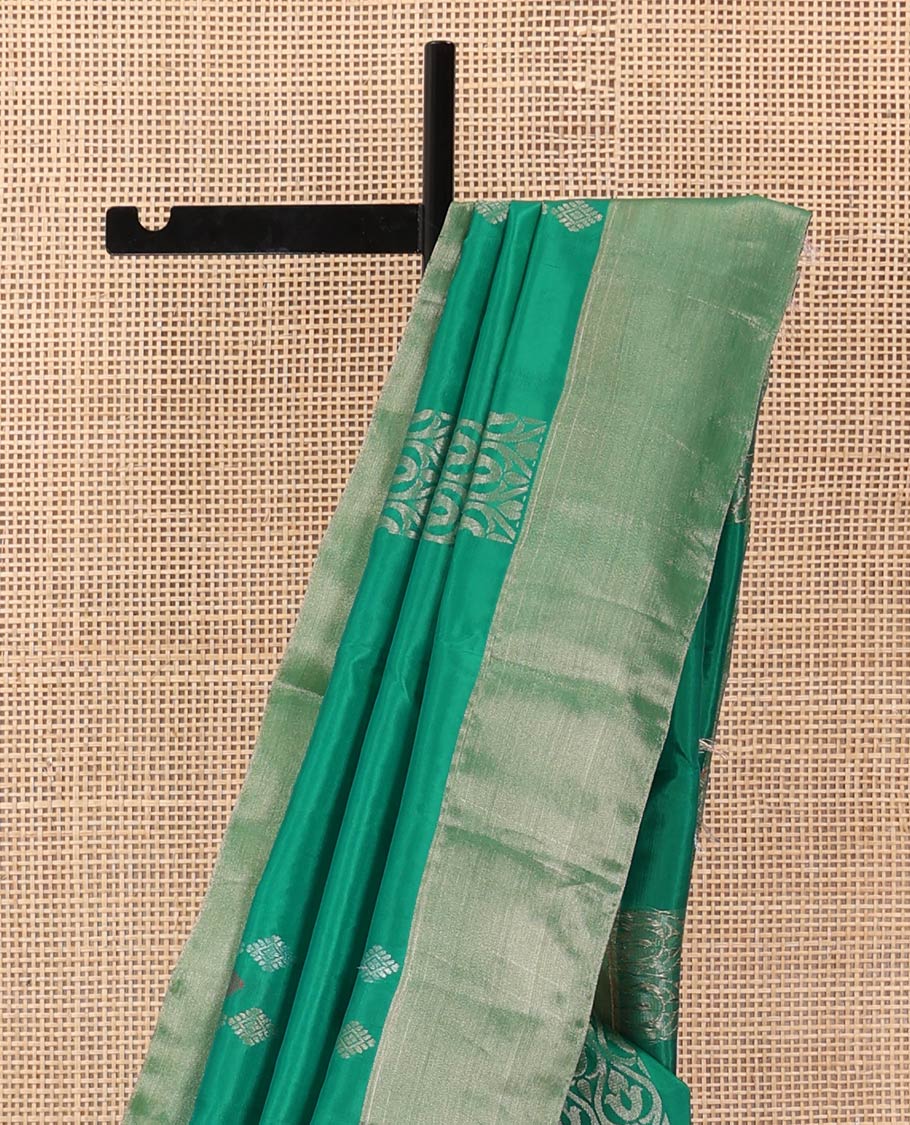 Green zari buttas Uppada saree, bavanji border, and contrast intricately designed pallu