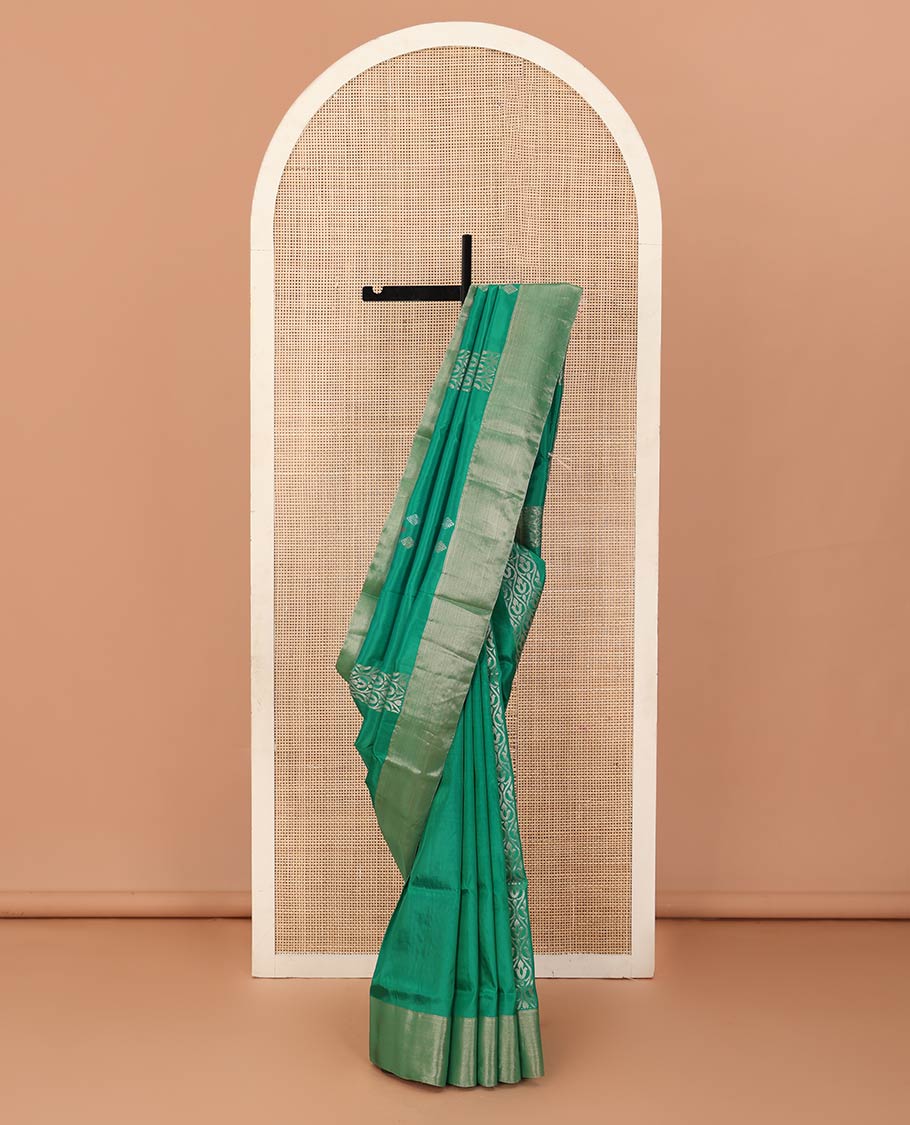 Green zari buttas Uppada saree, bavanji border, and contrast intricately designed pallu