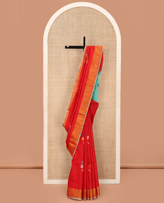 Red Uppada Silk Saree Featuring Floral Buttas, Subtle Zari Bavanji Border, Pallu Decked Up with Jamdani-Style Floral Motifs, and Paired with a Contrast Blouse